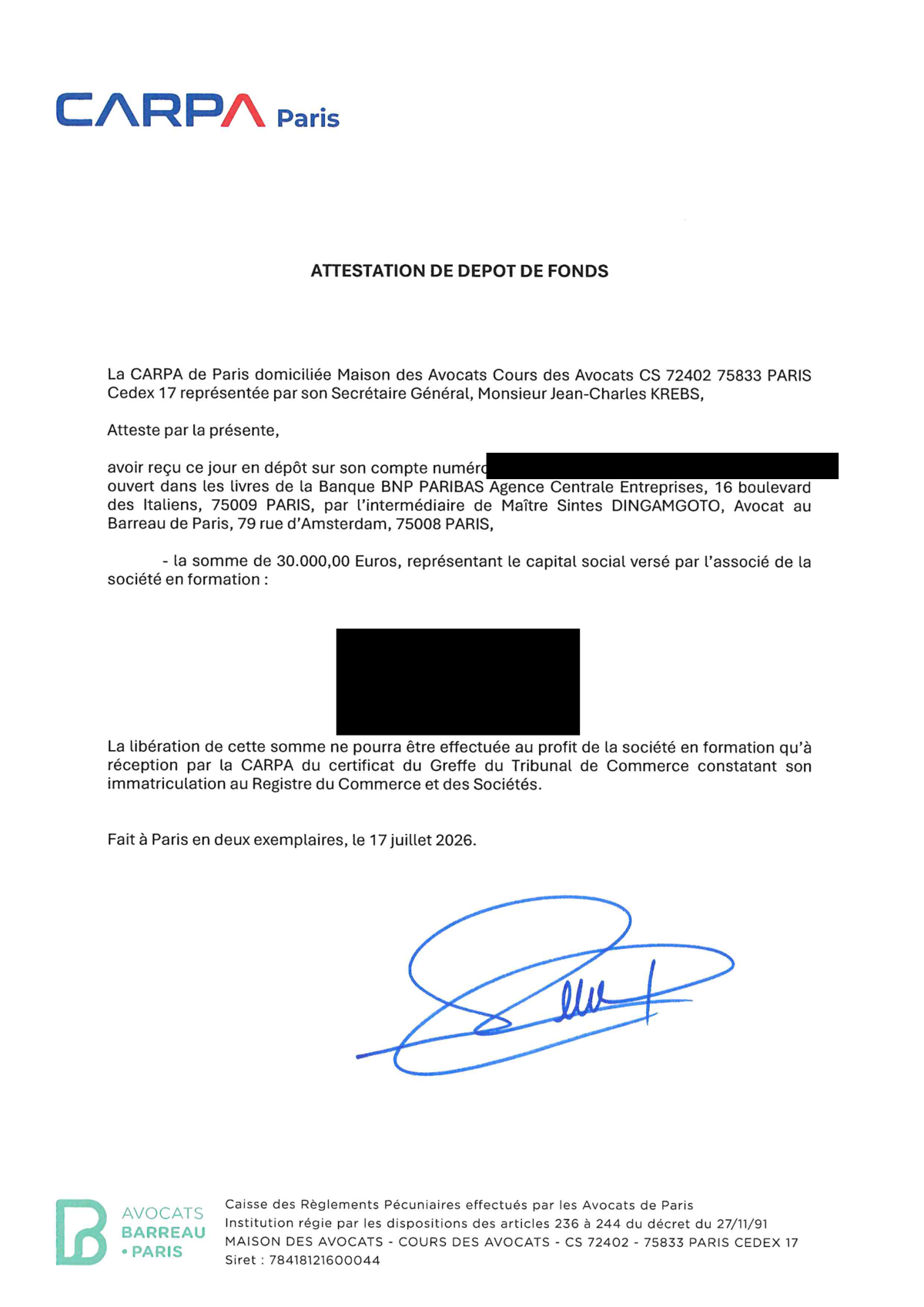 Attestation CARPA de dépôt du capital social de 30 000 euros, document anonymisé