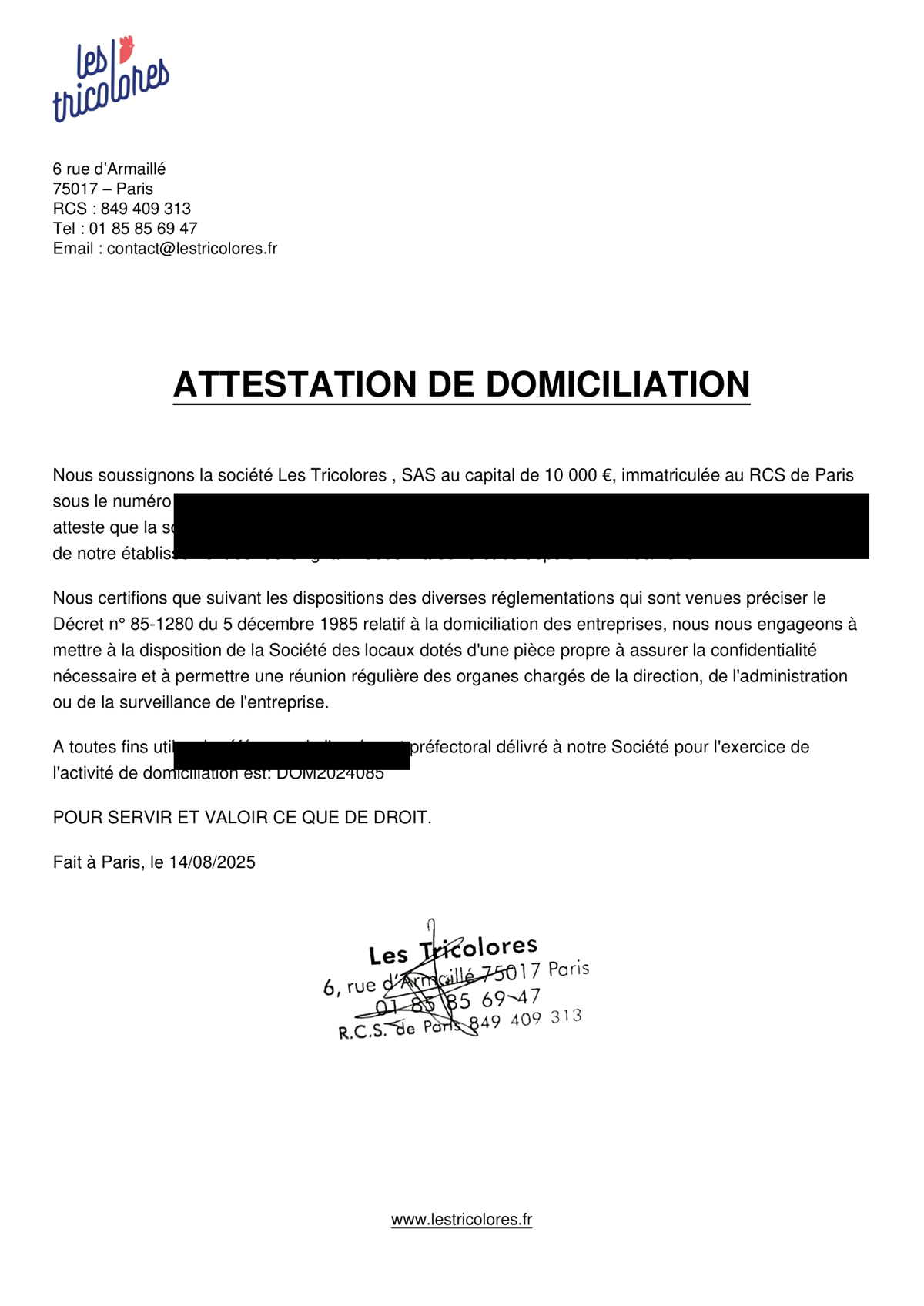 Attestation de domiciliation commerciale anonymisée pour un dossier Passeport Talent