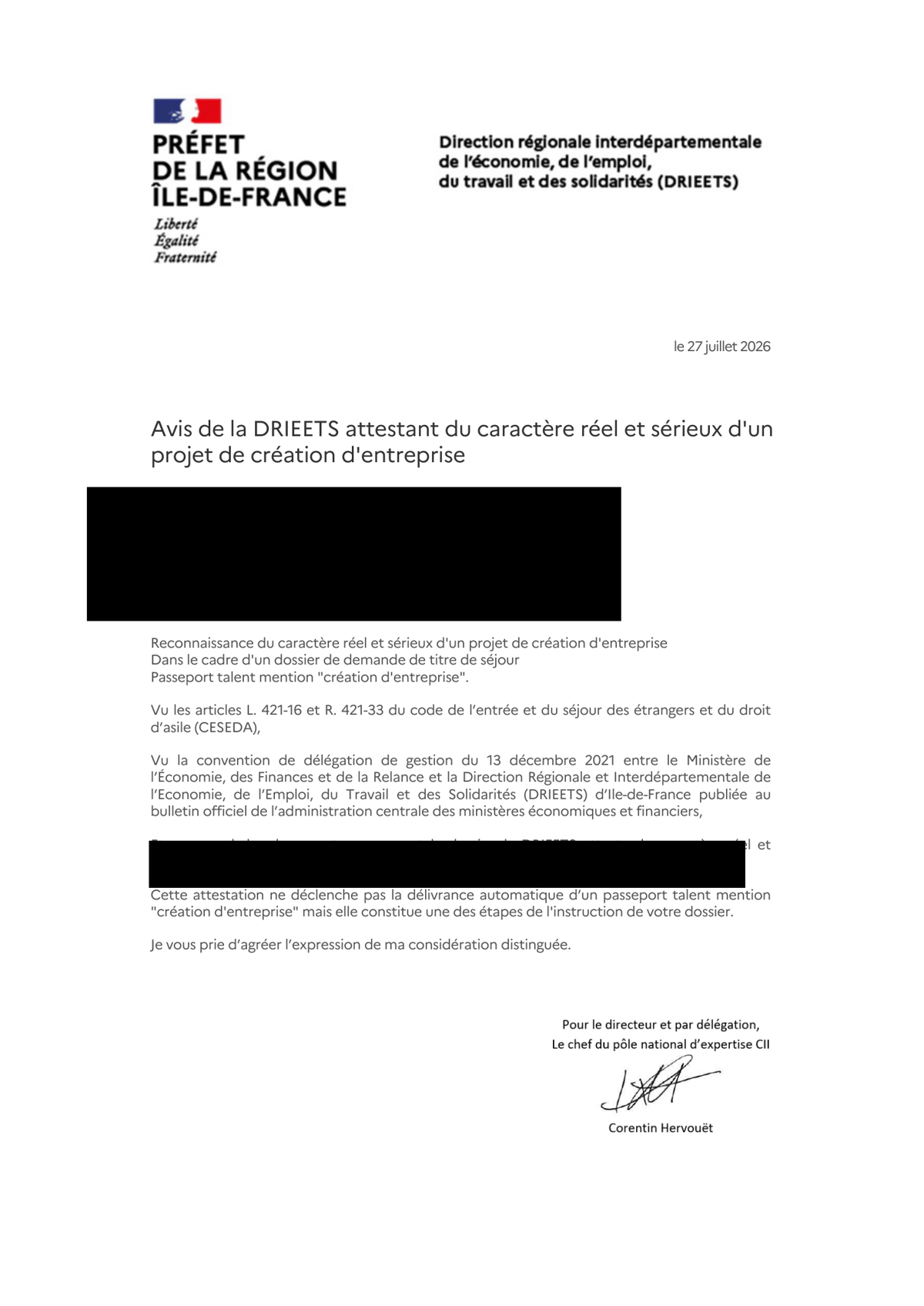 Avis DRIEETS obtenu dans le cadre d'un accompagnement Passeport Talent, document anonymisé