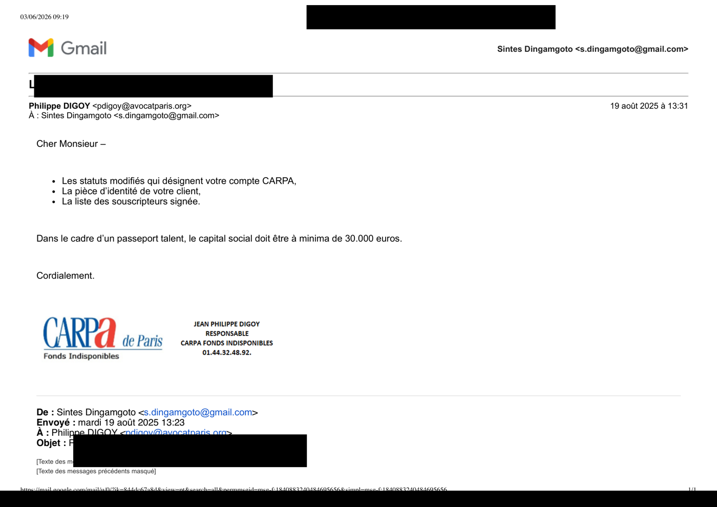Confirmation d'ouverture du dossier par la CARPA du Barreau de Paris, document anonymisé